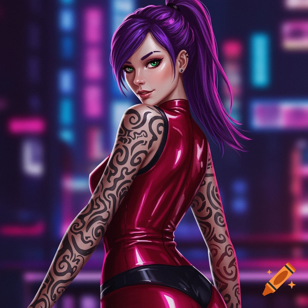 A woman with purple hair, green eyes, and tattoos in a red latex suit against a cyberpunk city background.