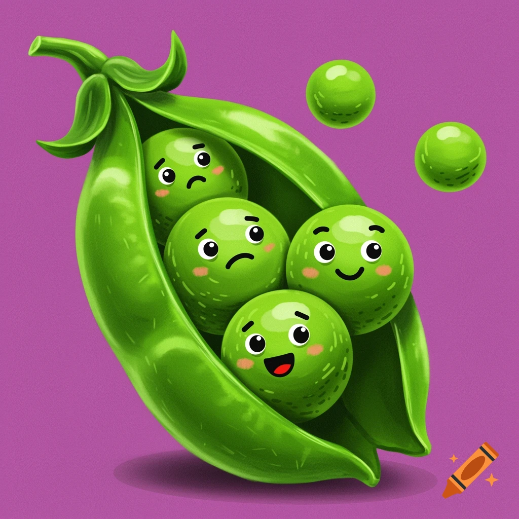 Cartoon illustration of anthropomorphic peas with faces inside a pea pod.