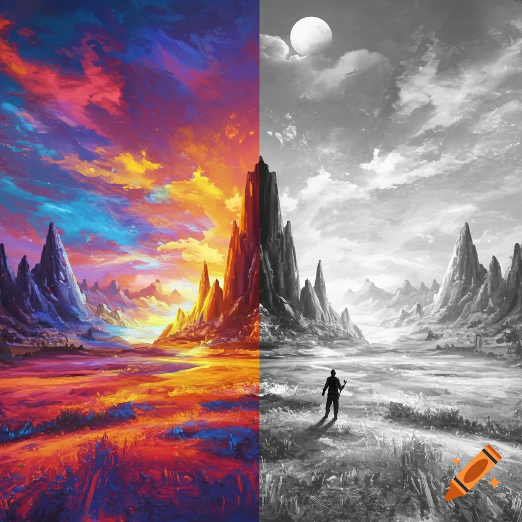 A landscape split between vibrant color and grayscale, with a figure standing in the grayscale side under a moon.
