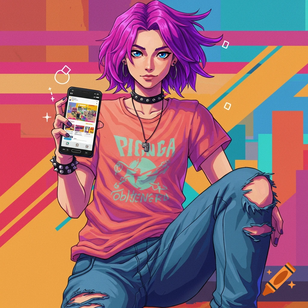 A person with purple hair, ripped jeans, and a choker is holding up a phone.