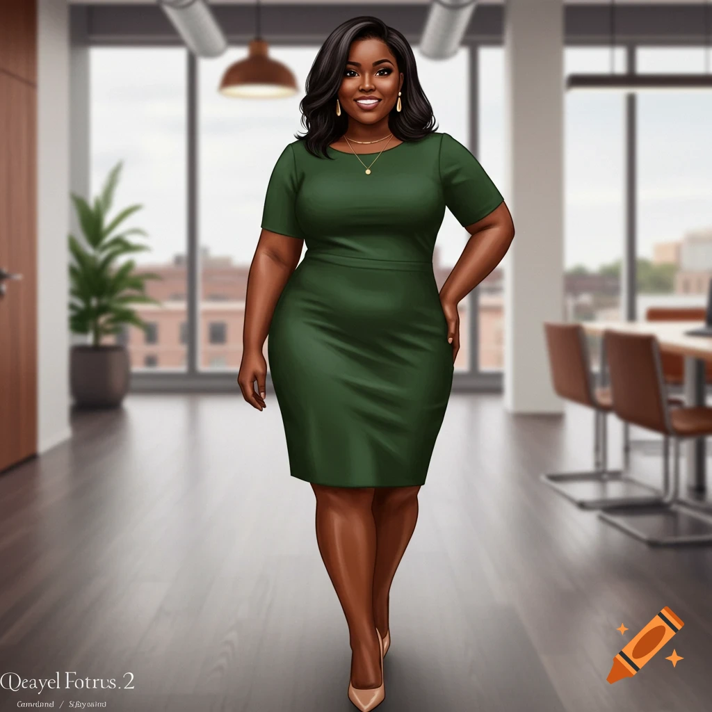 A plus-sized woman in a green dress standing in an office.