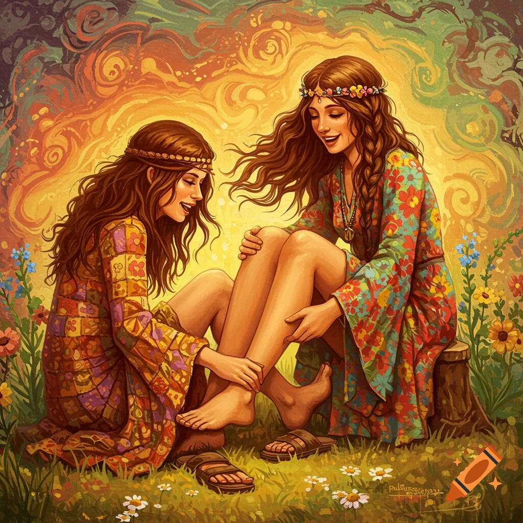 Two smiling hippie women in colorful dresses in a field, one touching the other's foot, with psychedelic sky.