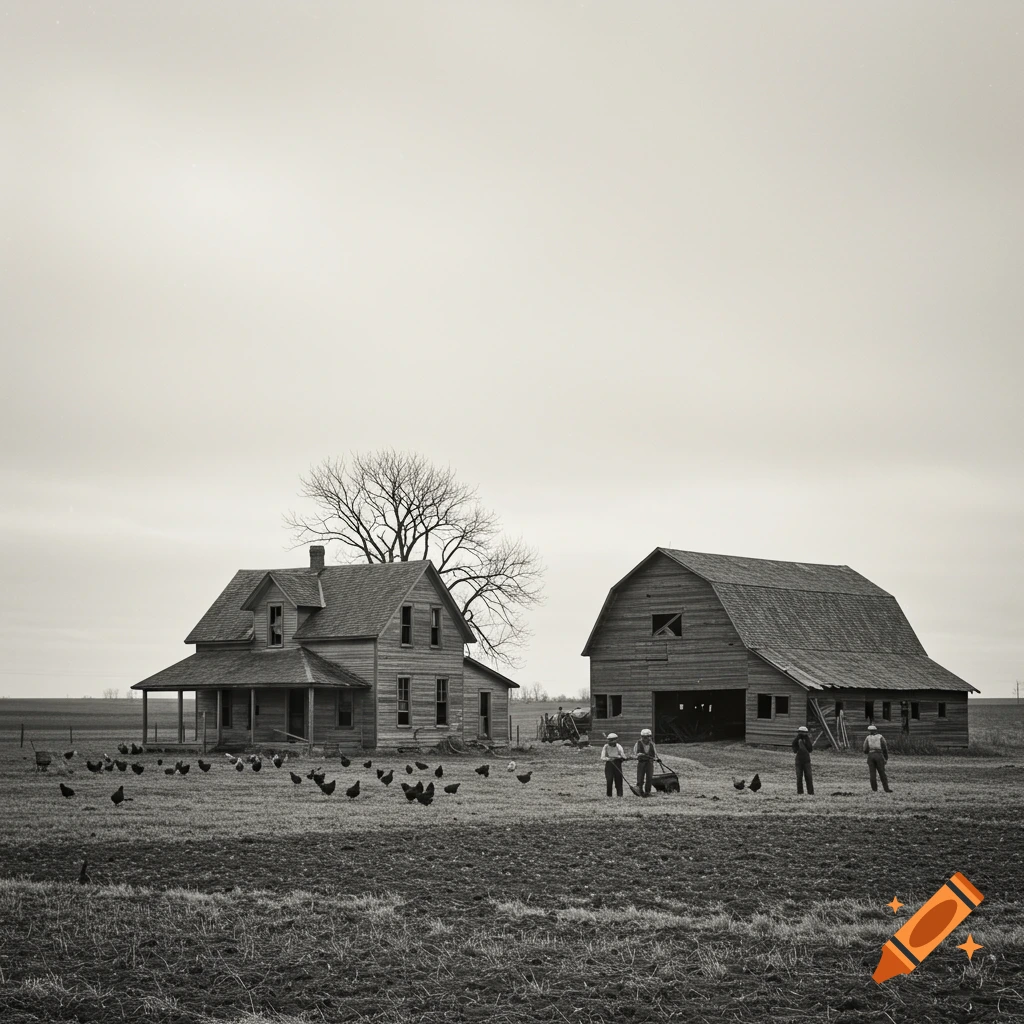 Black and white photo of a farmhouse, barn, people, and chickens in a field.
