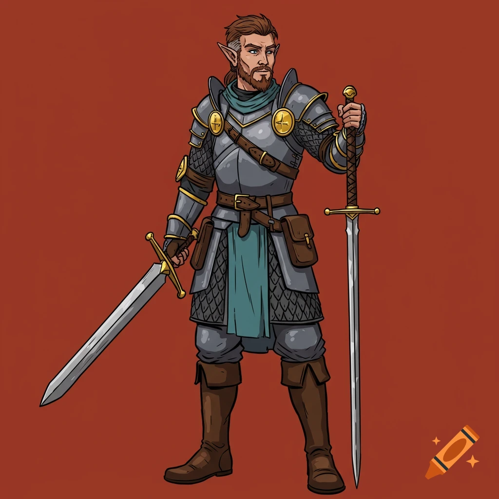 Cartoon illustration of a half-elf character in fantasy armor holding two swords on a red background.