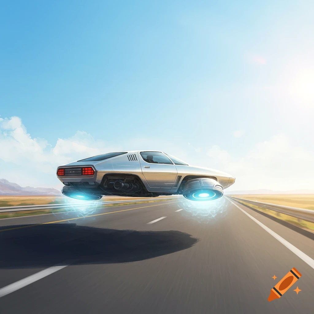 A silver hover car floats over an empty highway.