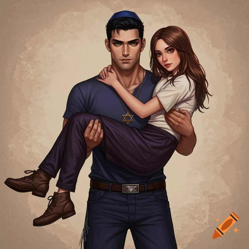 A man in a kippah and Star of David necklace carrying a woman.