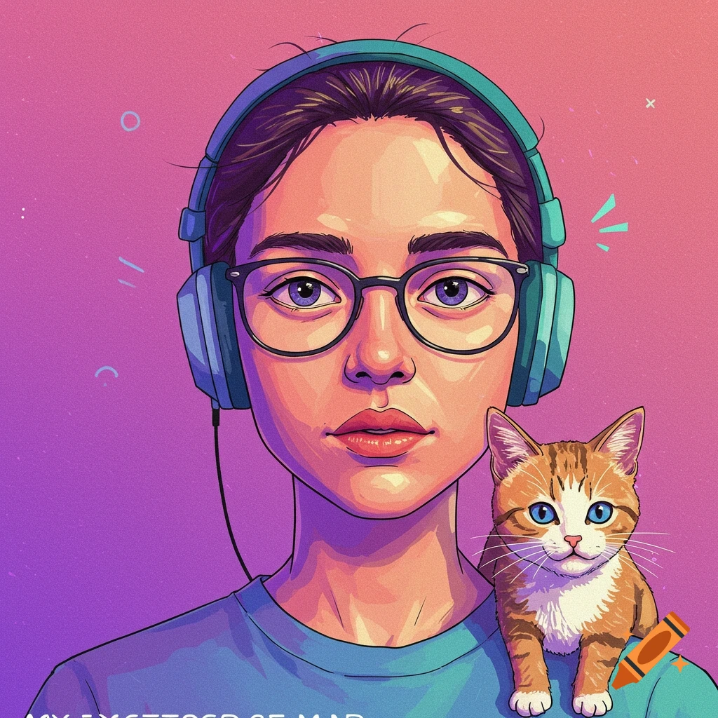 Stylized portrait of a person with glasses and headphones, with an orange cat on their shoulder.