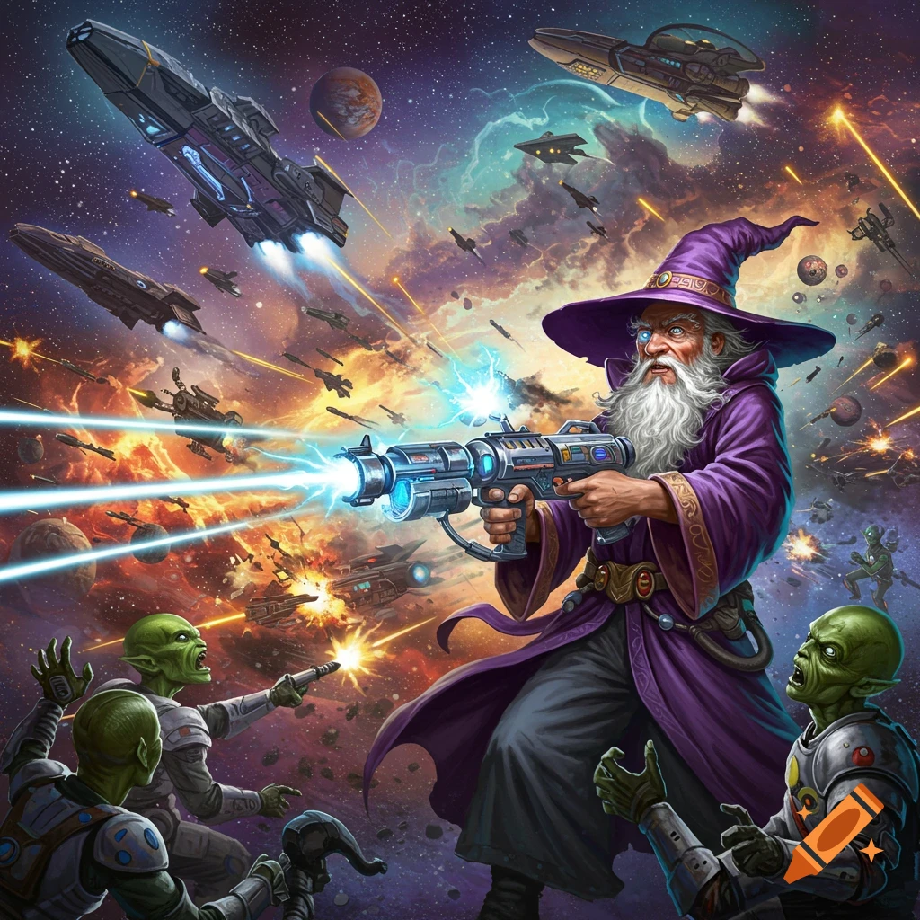 A wizard with a laser gun fighting aliens in a space battle.