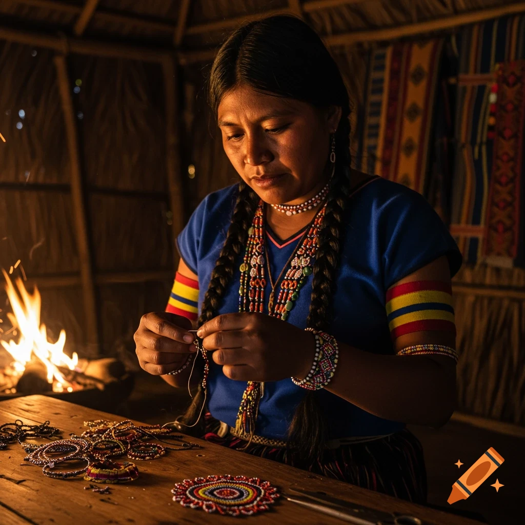 Indigenous woman making beaded jewelry by firelight