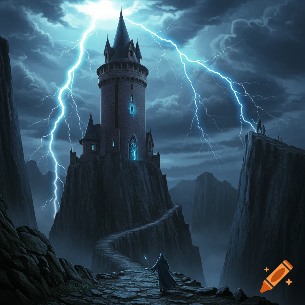 Dark fantasy illustration of a castle on a cliff with lightning, a figure on a path