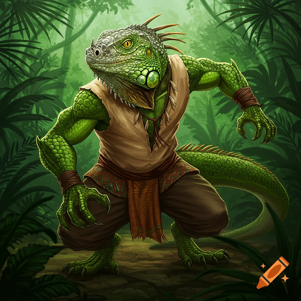 An illustration of a green iguana creature in a jungle.
