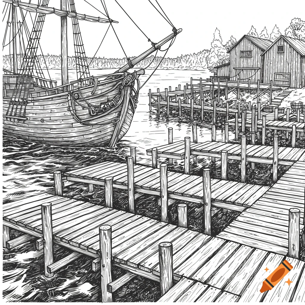 Black and white illustration of a wooden ship docked at a busy harbor with multiple piers and buildings ashore.