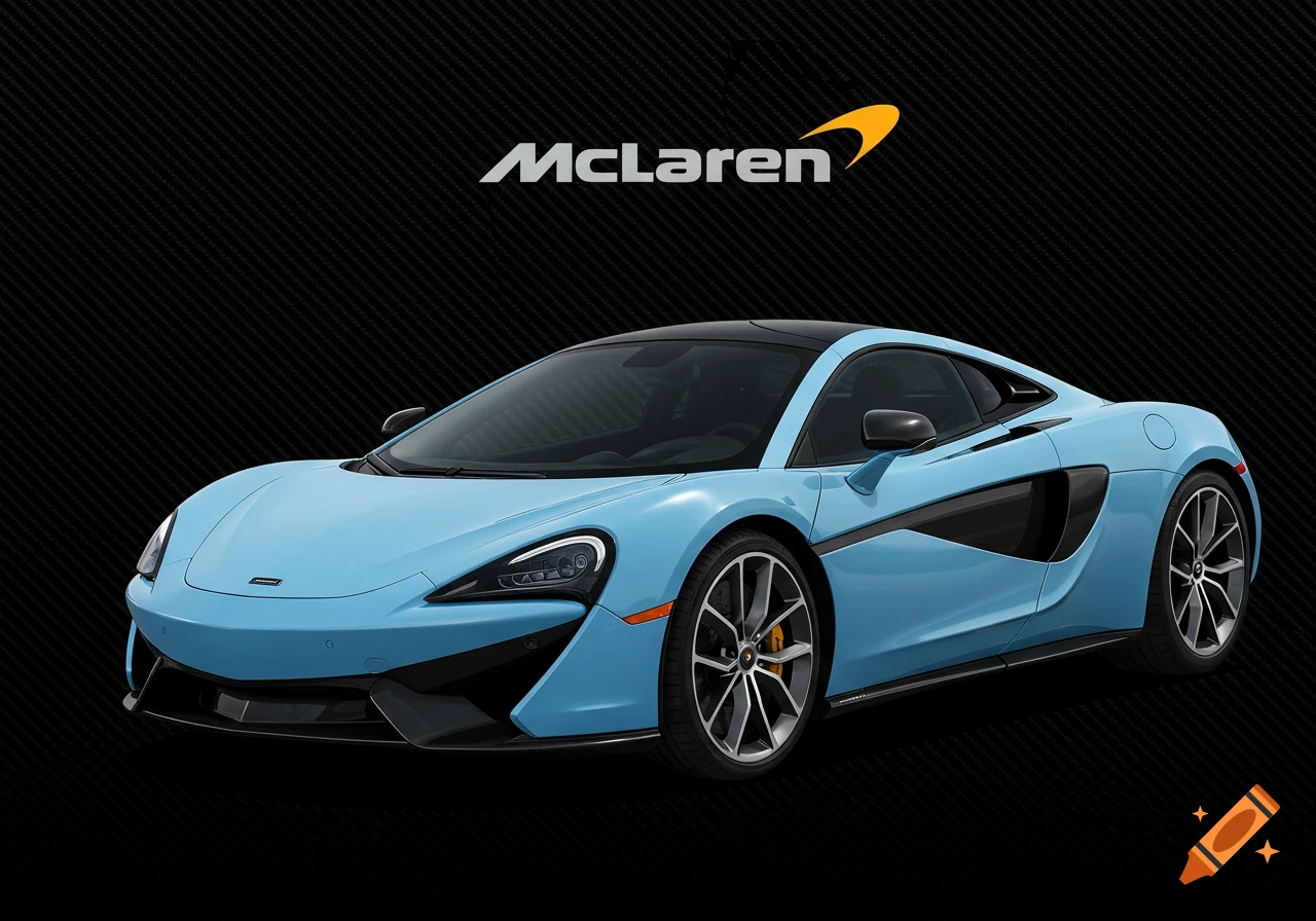 A light blue McLaren sports car with a black roof and details, featuring the McLaren logo above, against a carbon fiber background.