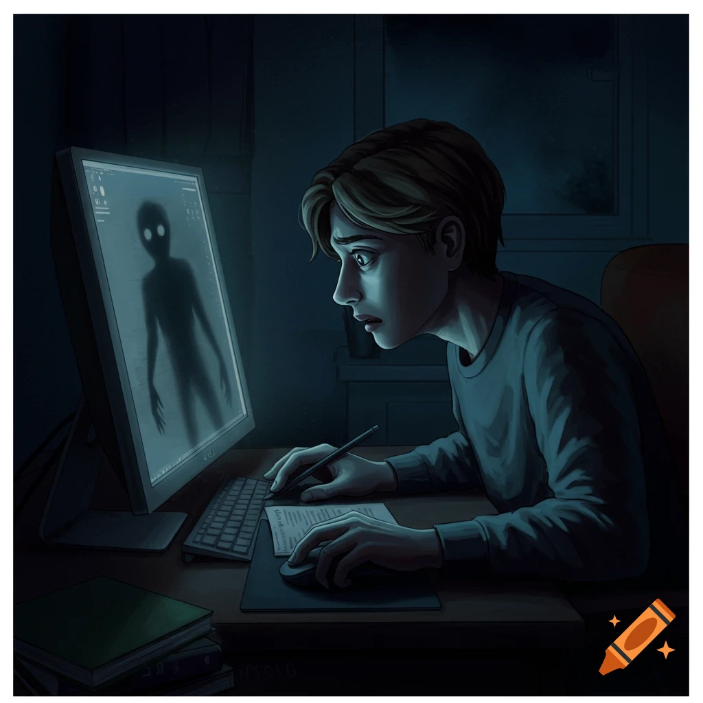A person looks scared at a computer screen displaying a shadow figure in a dark room.