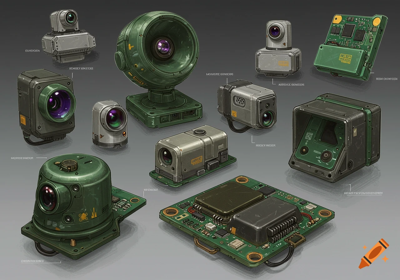 Technical illustration of various futuristic sensors and electronic components.