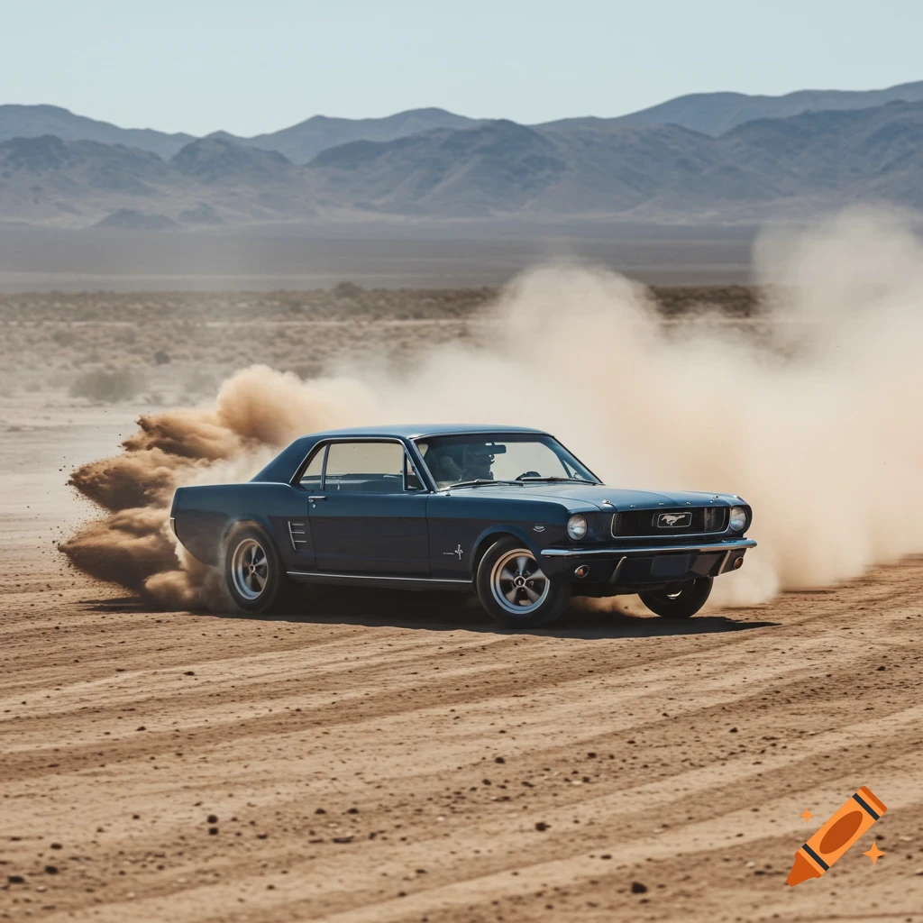 A classic blue Ford Mustang drifts in a dusty desert, kicking up sand.