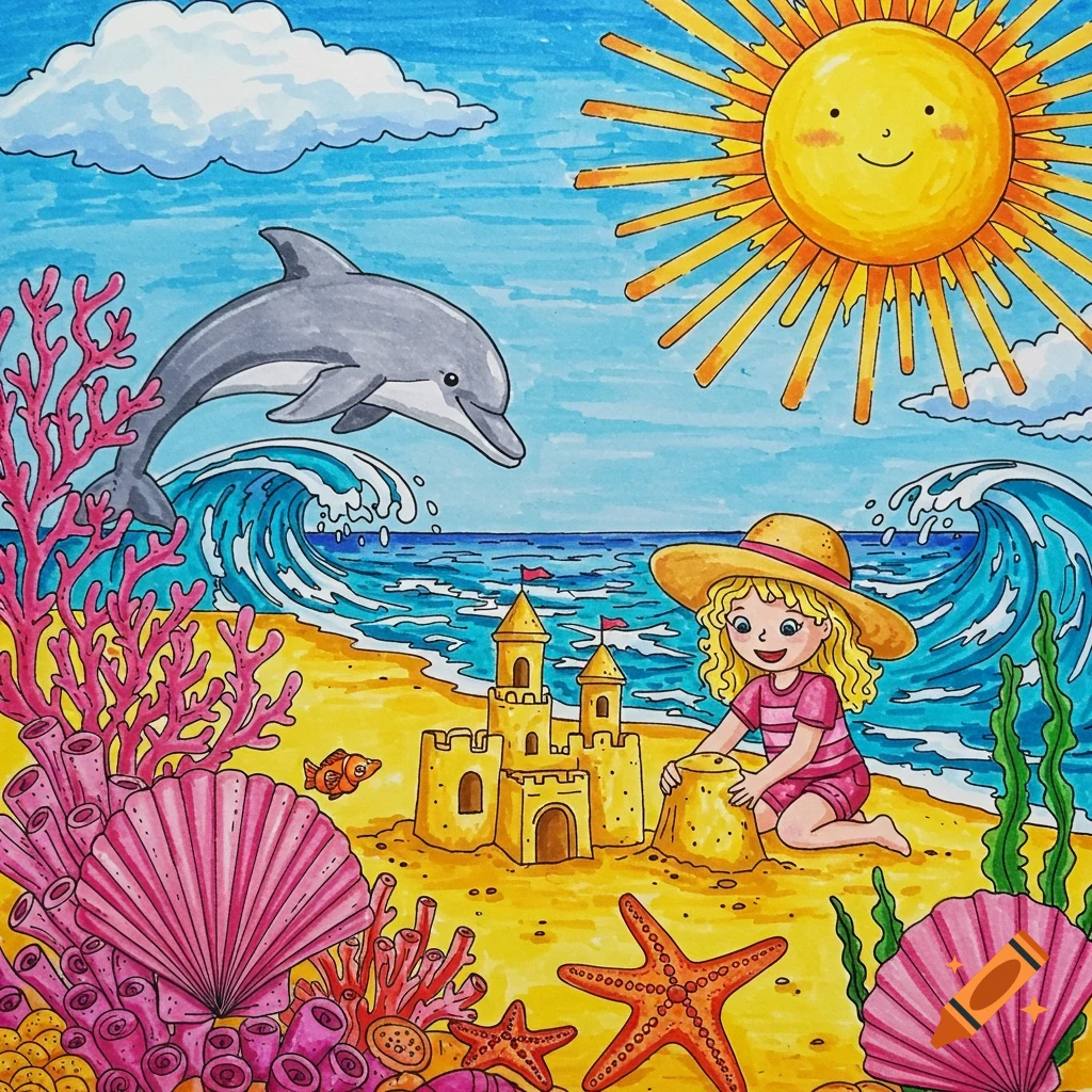 Illustration of a girl building a sandcastle on a beach with a dolphin jumping over waves, a smiling sun, and shells.
