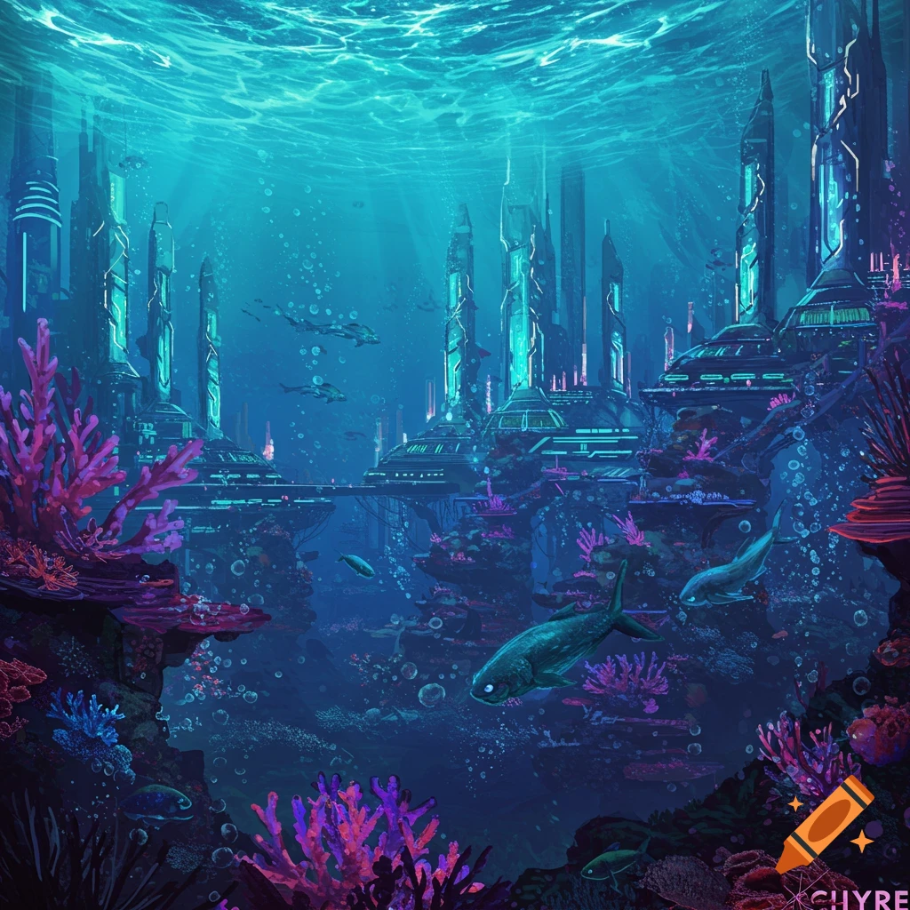 An underwater sci-fi city featuring futuristic buildings, coral, and fish.