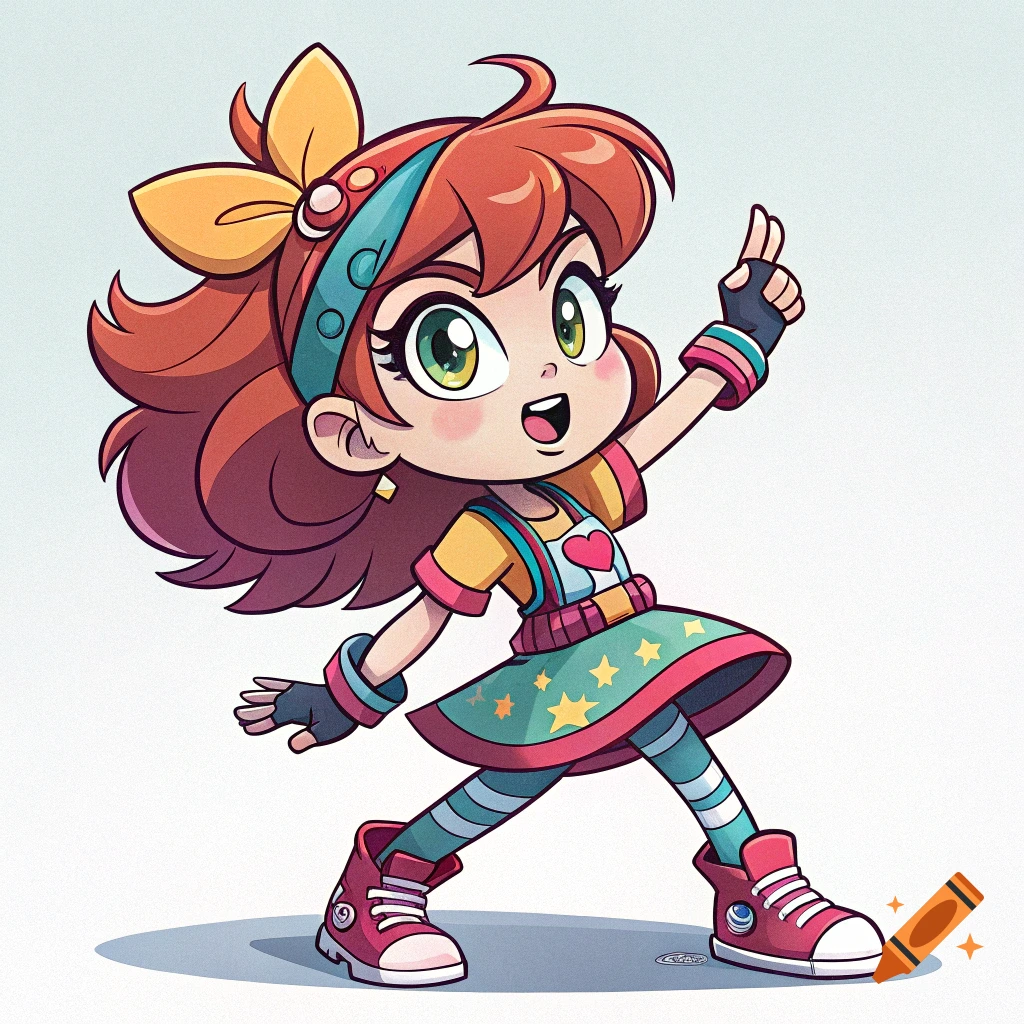A cartoon girl in a yellow shirt, green skirt with stars, and red shoes points upward.