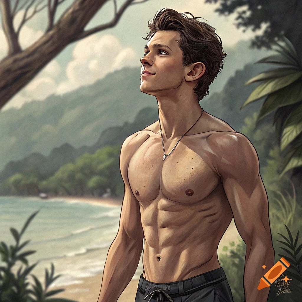 Muscular young man looks up on tropical beach