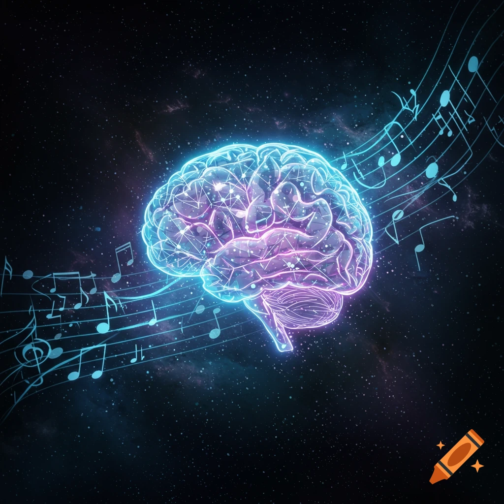 Glowing futuristic brain with music notes floating in cosmic space.