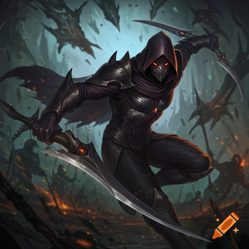 Image of an armored assassin character with dual blades in a battle scene.