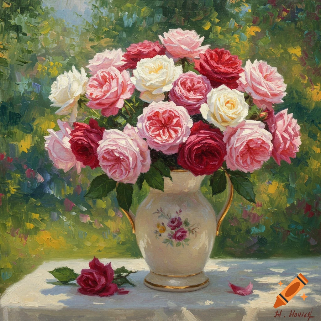An impressionist painting of red, pink, and white roses in a vase on a table.