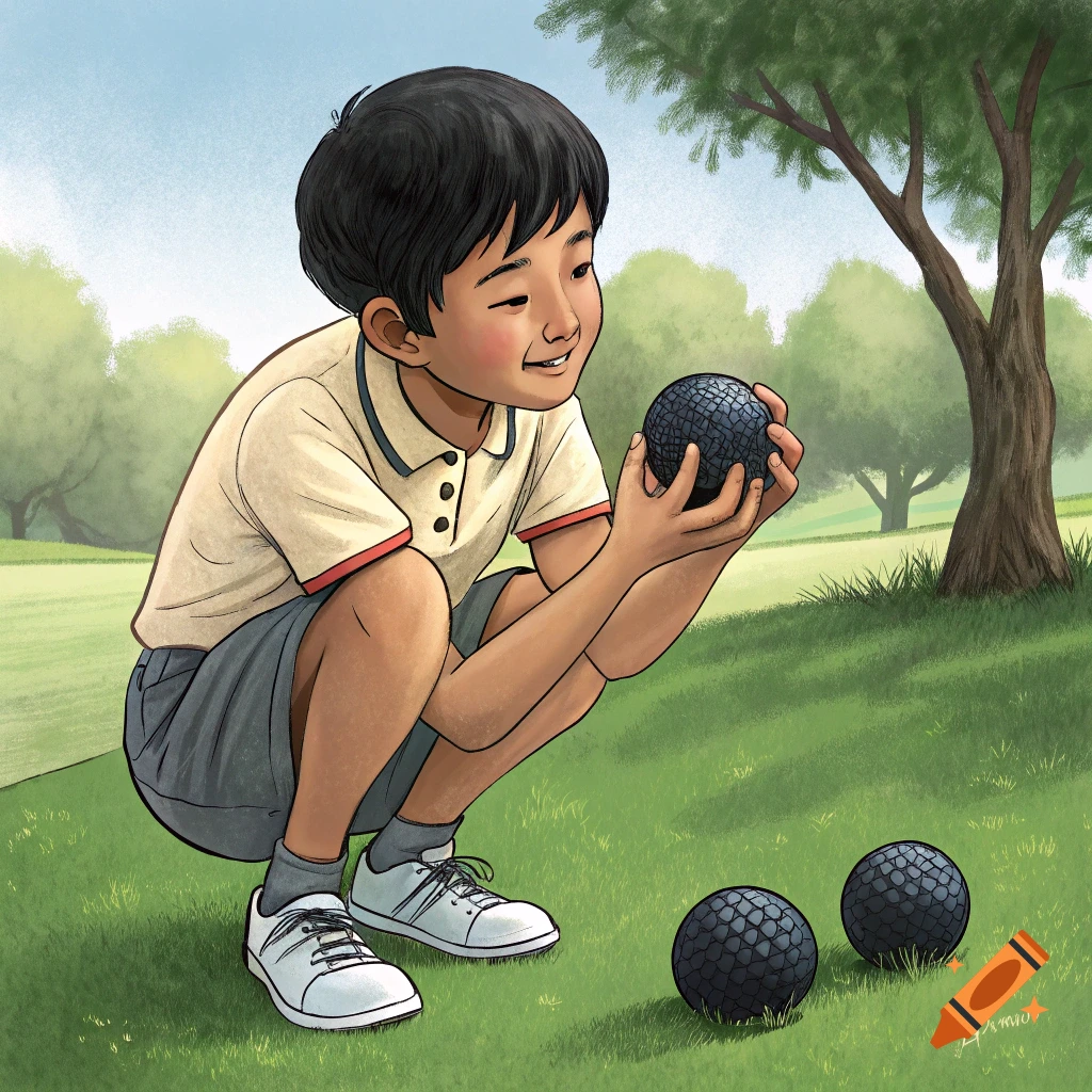 Illustration of a young boy squatting outdoors, holding a black ball and looking at two others on the grass.