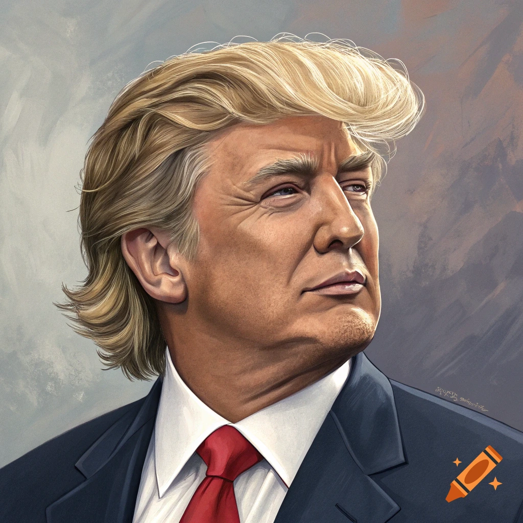 Illustration portrait of a man resembling Donald Trump wearing a suit and red tie, looking to the side.