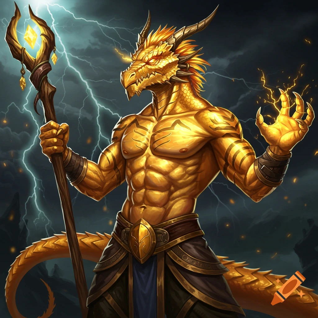 Golden dragonborn sorcerer casting magic during a lightning storm.