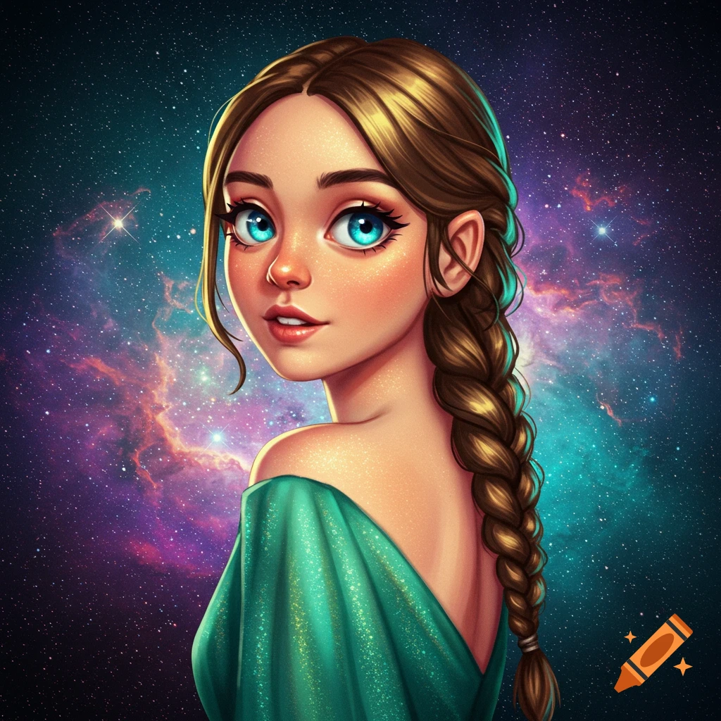 A young woman with brown braided hair and blue eyes in a green dress against a space background.