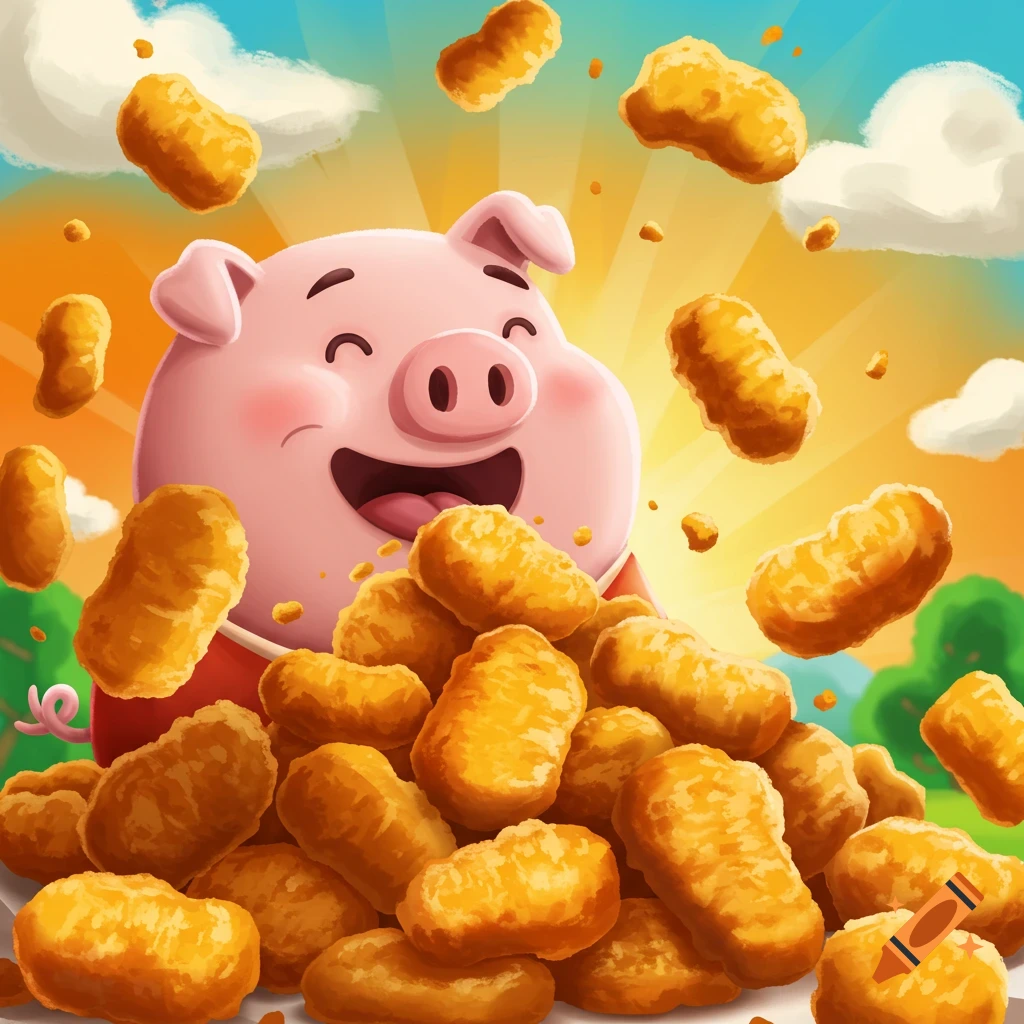 A happy cartoon pig is surrounded by flying chicken nuggets.