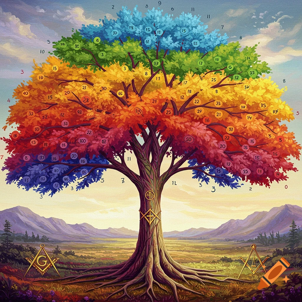 A large tree with leaves in rainbow colors, marked with numbers and masonic symbols, set in a landscape with mountains.