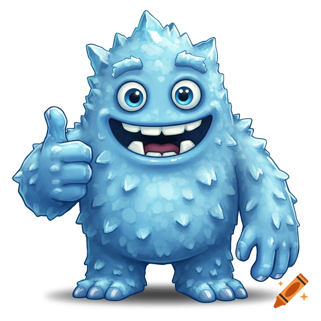 A cute blue cartoon ice monster gives a thumbs up.