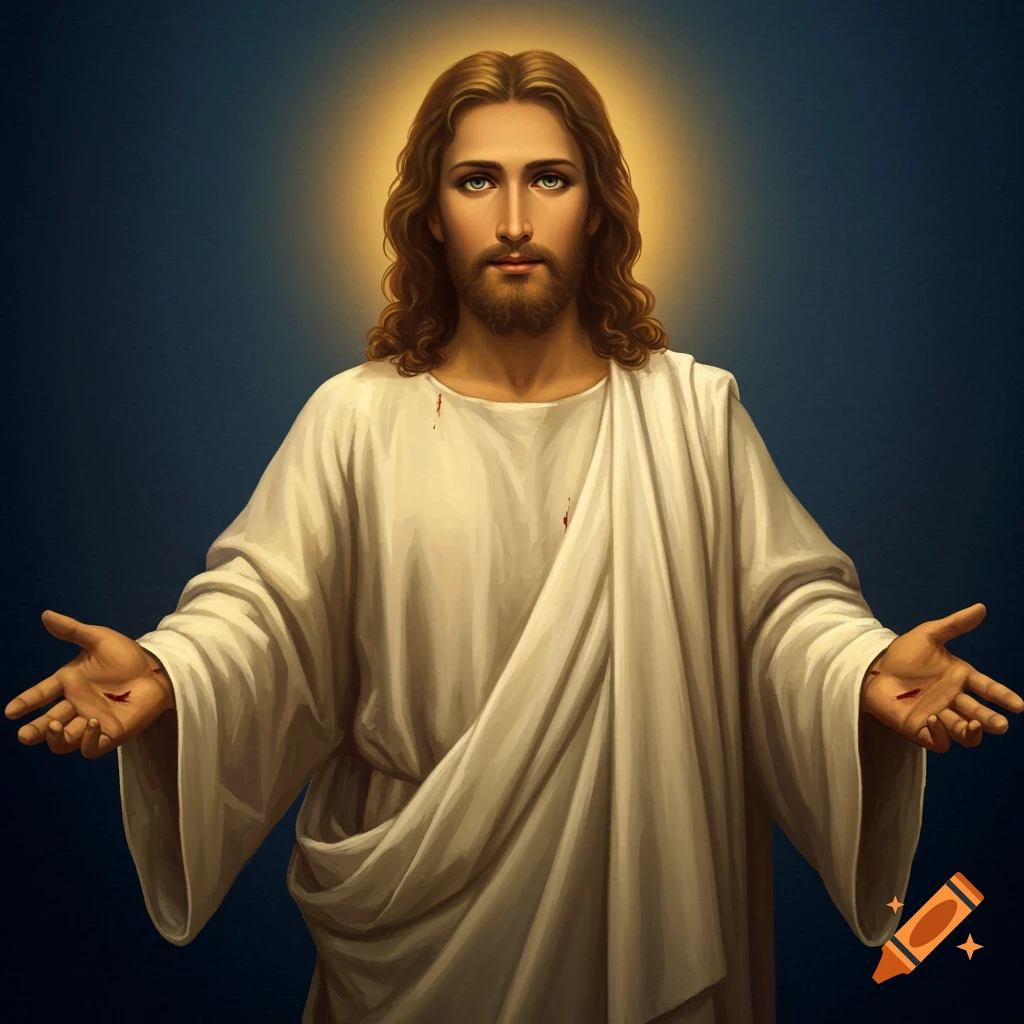 Jesus is depicted with outstretched arms, displaying wounds on his hands and a halo.