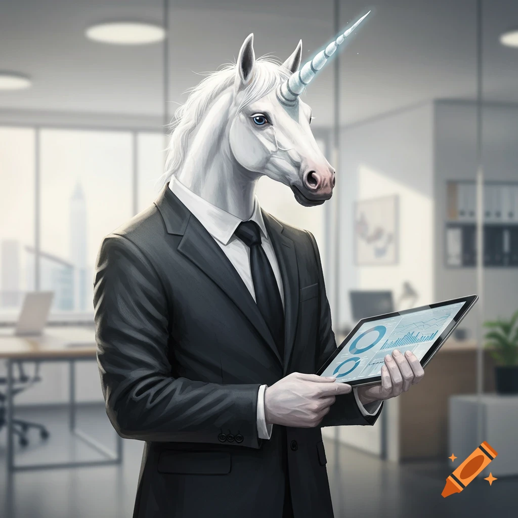 A unicorn in a suit is holding a tablet showing charts.