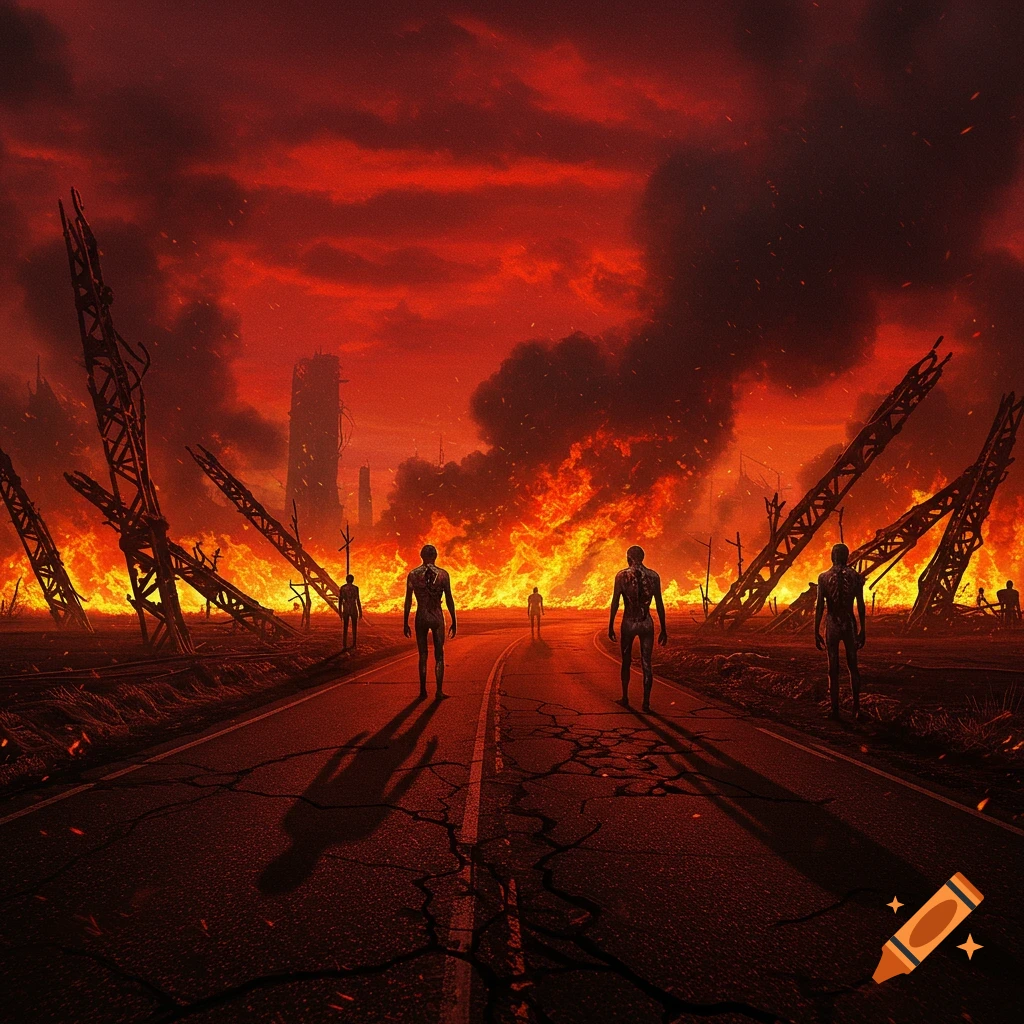 Figures walk down a cracked road through a landscape consumed by fire and smoke under a red sky in an apocalyptic setting.