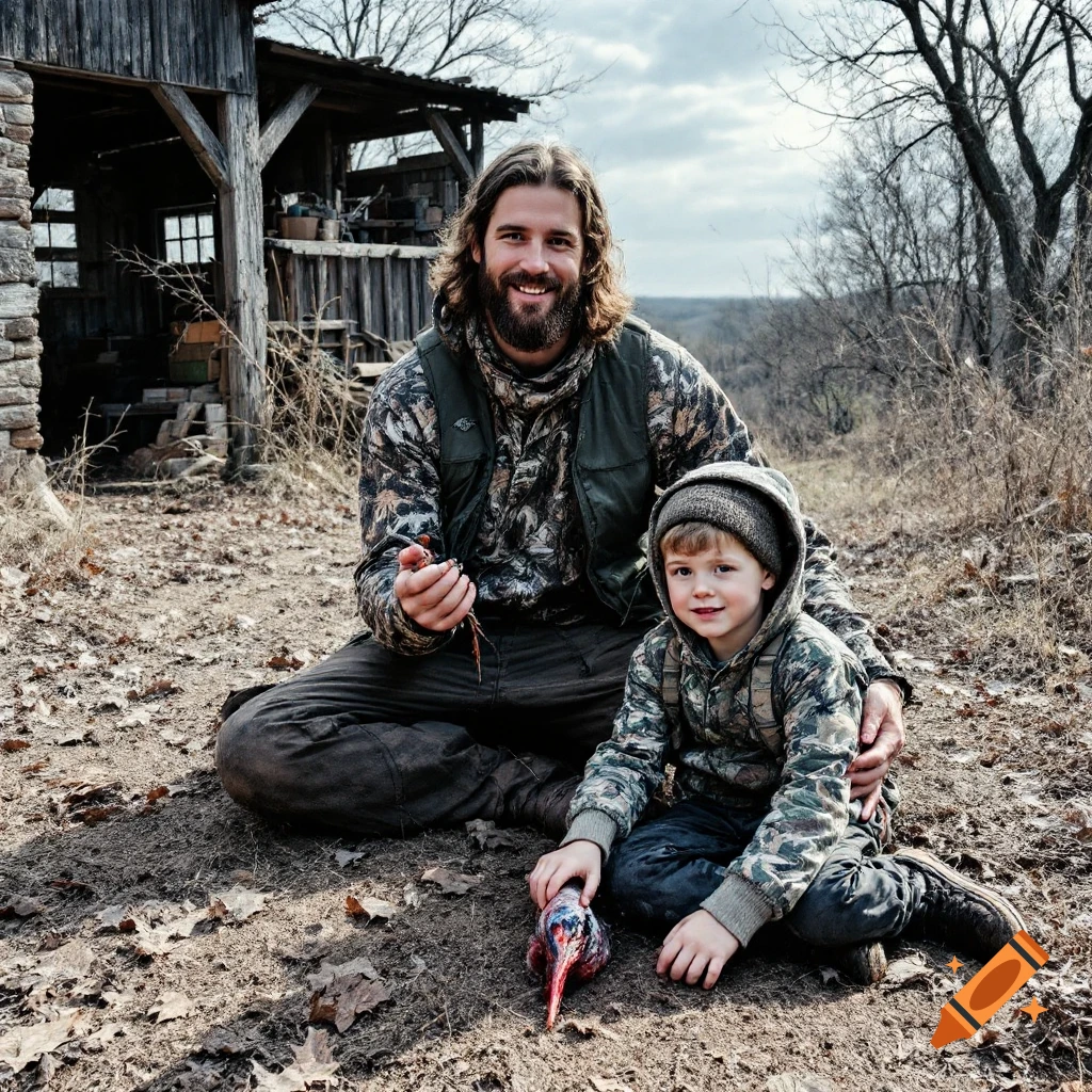 Man and boy with harvested turkeys sit outdoors near a rustic building.