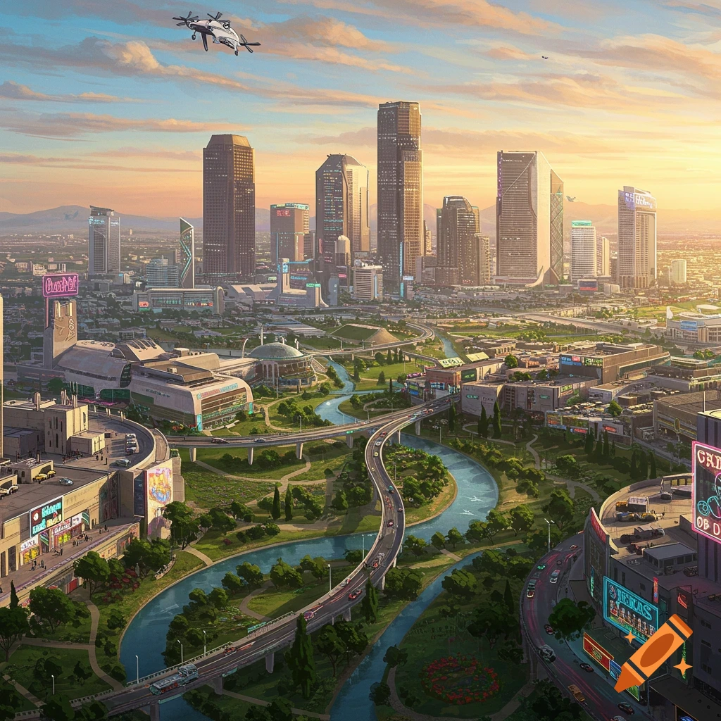 A futuristic large cityscape with skyscrapers, a river, highways, and flying vehicles.