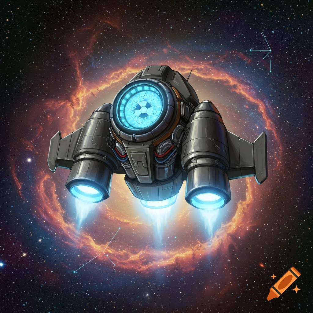 A spaceship with bright blue thrusters and glowing central core flies through a nebula in space.