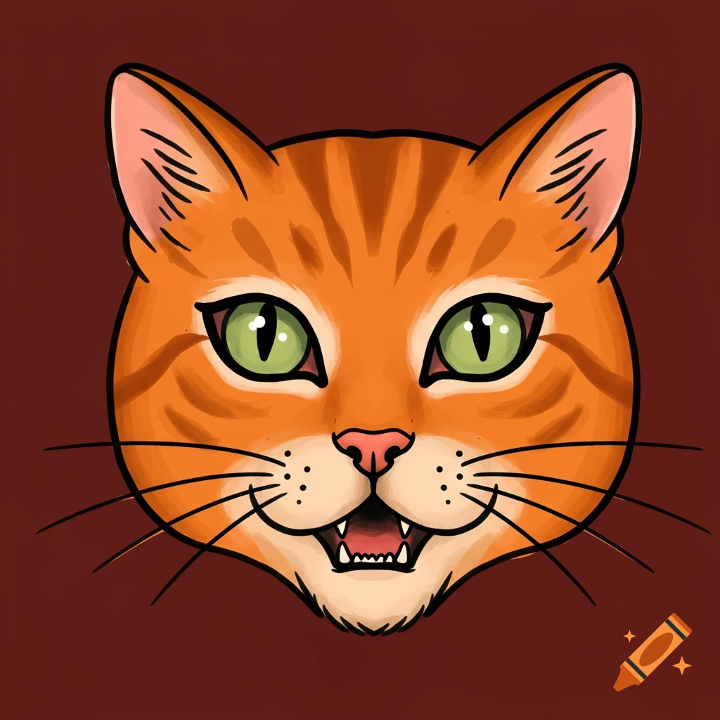 A close-up view of an orange cat's face, featuring striking green eyes, rendered in a tattoo style.