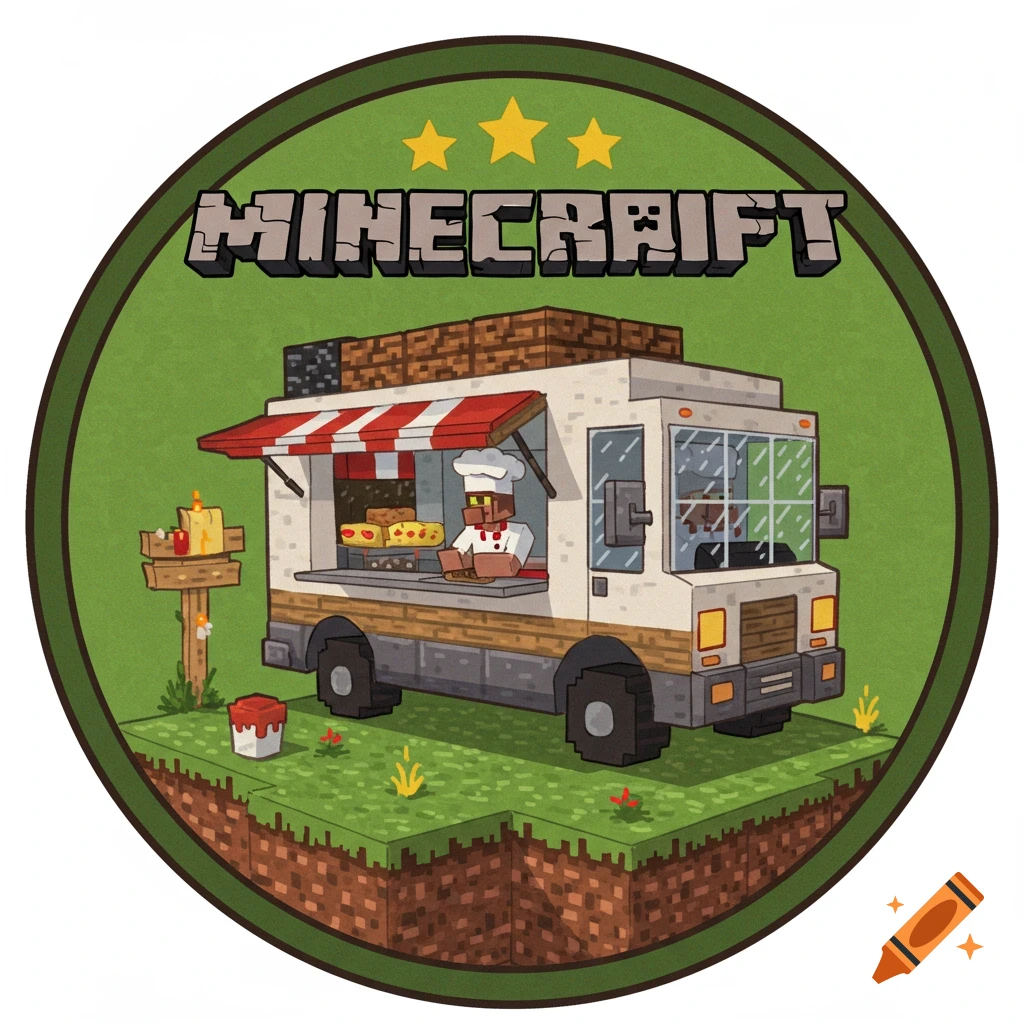 Pixel art circular badge with a Minecraft food truck and the word MINECRAFT.