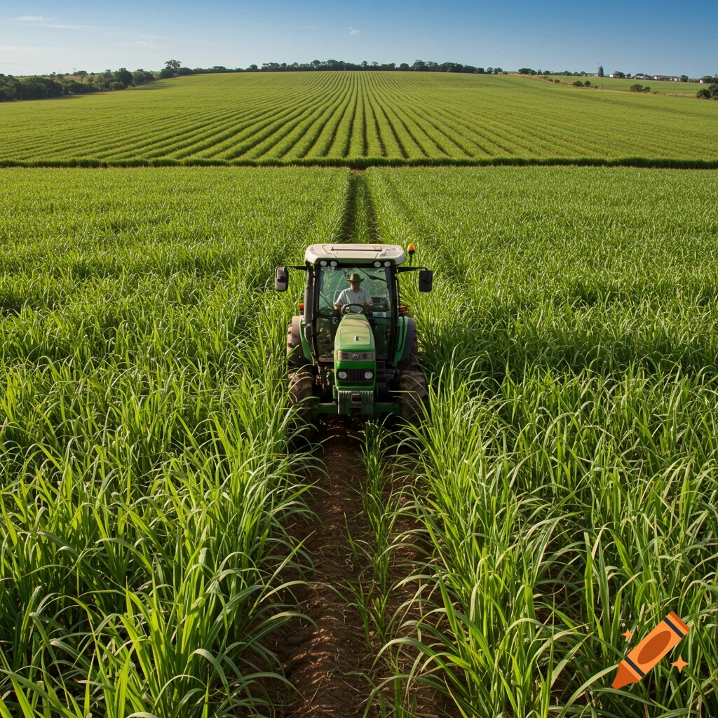 A farmer drives a green tractor through a field of tall green crops under a blue sky.