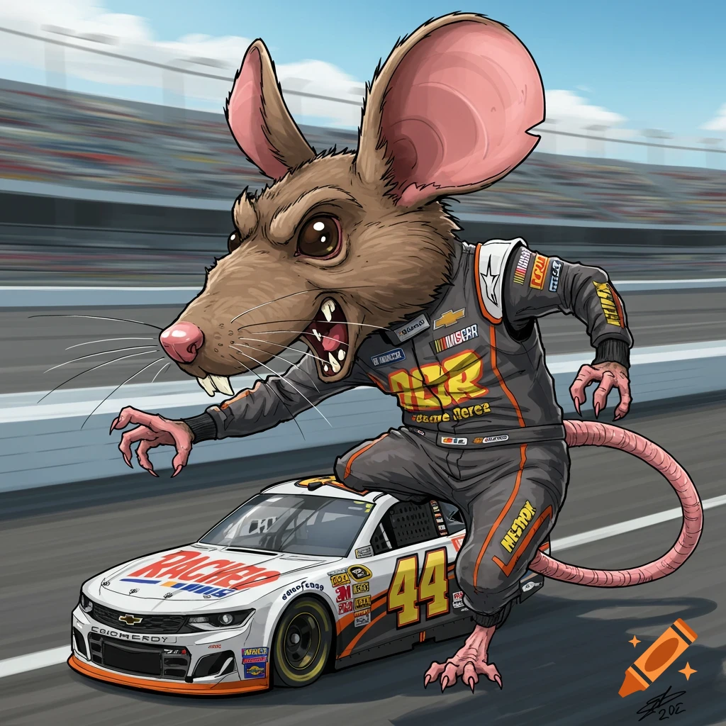 Cartoon rat in a racing suit stands on a race car on a track