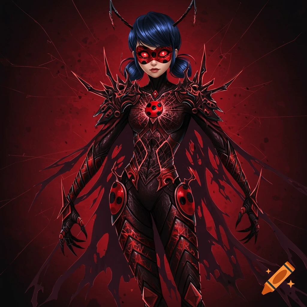 Akumatized Ladybug in a dark red and black spiked costume with glowing red eyes against a red background.