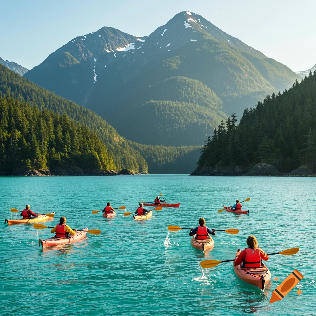 A group of kayakers paddle across a bright blue lake surrounded by lush green forests and mountains.