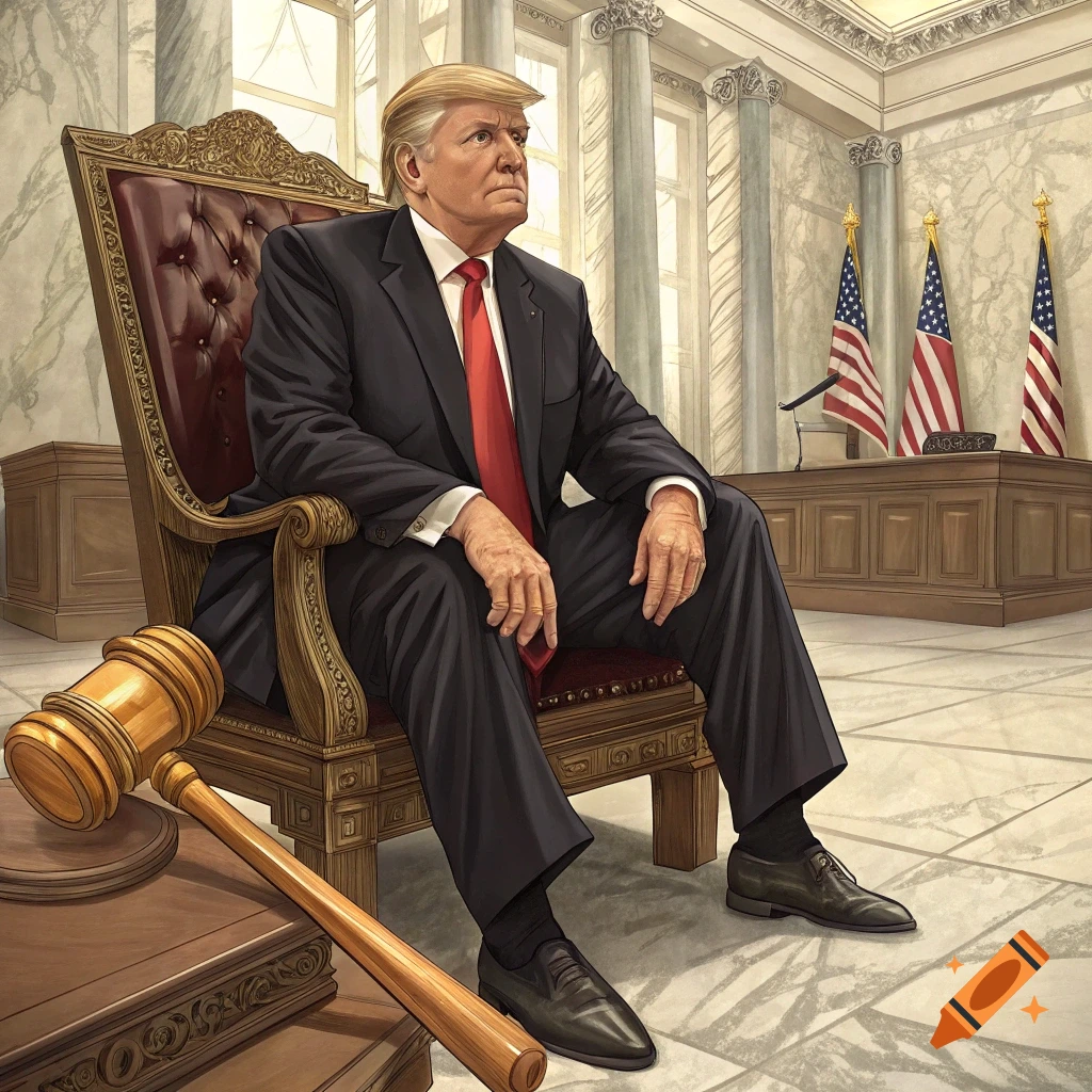 Illustration of Donald Trump sitting in a large formal chair in a courtroom-like setting.