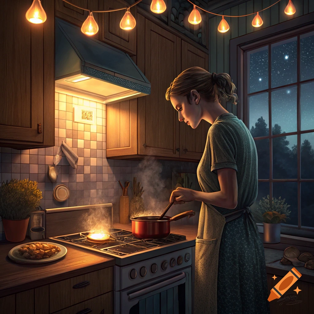A woman cooks at a stove in a kitchen at night, with string lights and a starry window view.
