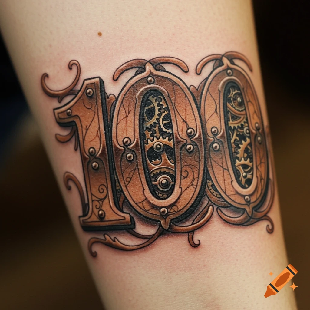Steampunk tattoo of the number 100 with gears embedded in the design on skin.