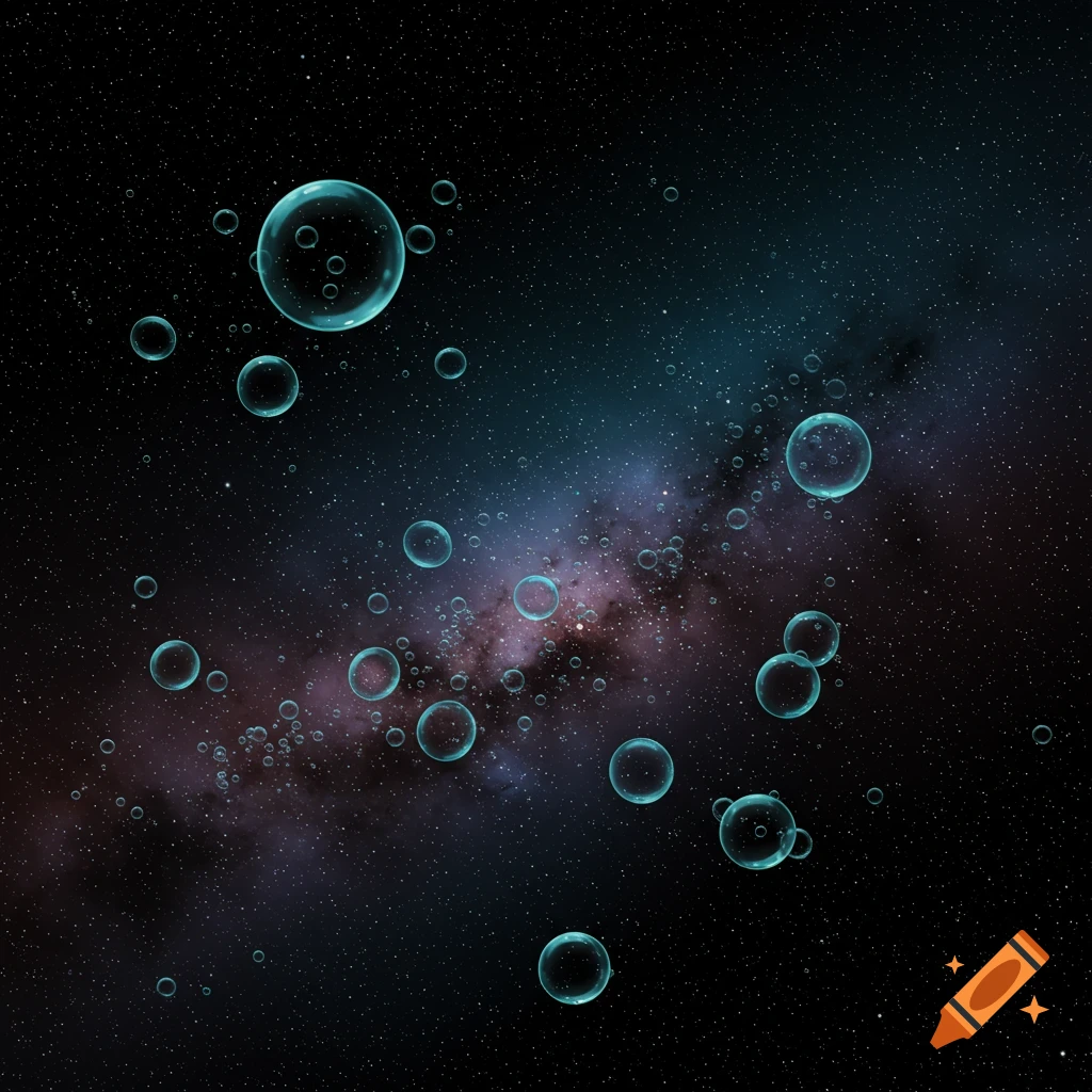 Transparent bubbles float through space against the Milky Way galaxy.